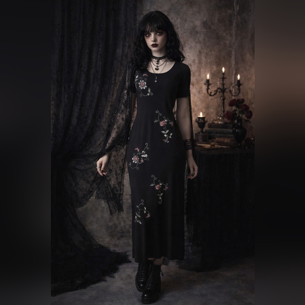 Vintage Black Velvet Beaded Floral Maxi Dress Whimsigoth Gothic Boho 10P
